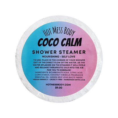 Coco Calm Shower Steamer Coconut Hibiscus Hot Mess Body Bath Shower Skin Hair Products Skincare Vegan Cruelty Free Handmade Australia Shellharbour Wollongong Sydney Kiama Gerringong Milton NSW South Coast Afterpay Sensitive Skin Friendly