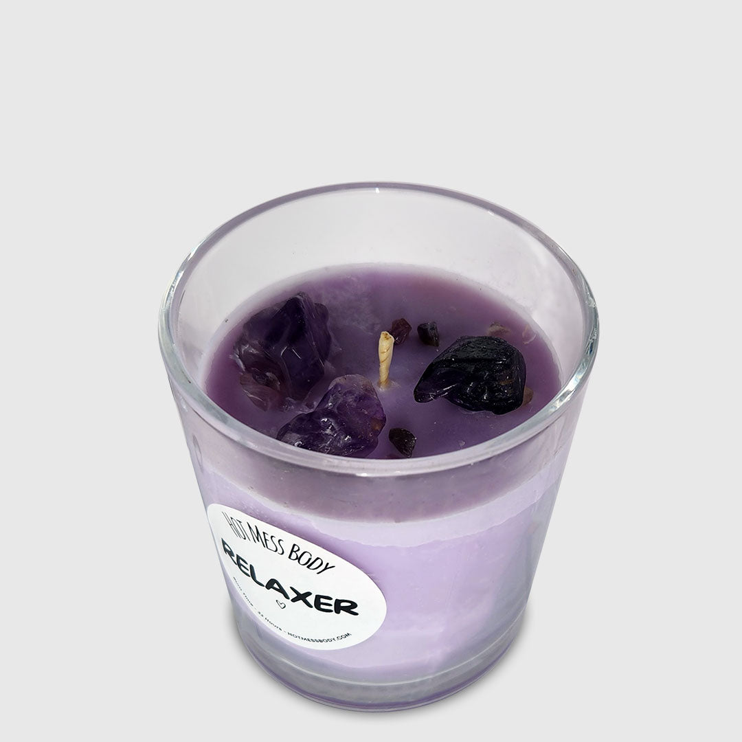 The Relaxer Soy Candle Lavender Ylang Ylang Amethyst Crystal Purple Pretty Floral Hot Mess Body Bath Shower Skin Hair Products Skincare Vegan Cruelty Free Handmade Australia Shellharbour Wollongong Sydney Kiama Gerringong Milton NSW South Coast Afterpay Sensitive Skin Friendly