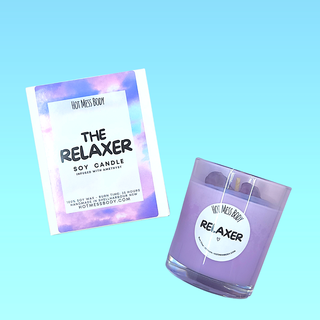 The Relaxer Soy Candle Lavender Ylang Ylang Amethyst Crystal Purple Pretty Floral Hot Mess Body Bath Shower Skin Hair Products Skincare Vegan Cruelty Free Handmade Australia Shellharbour Wollongong Sydney Kiama Gerringong Milton NSW South Coast Afterpay Sensitive Skin Friendly