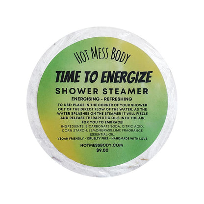 Time to Energize Lemongrass Lime Shower Steamers Fizzers Aromatherapy Relaxing Energizing Refreshing Sinus Relief Stress Less Floral Citrus Orange Essential Oils Botanical Fresh Hot Mess Body Bath Shower Skin Hair Products Skincare Vegan Cruelty Free Handmade Australia Shellharbour Wollongong Sydney Kiama Gerringong Milton NSW South Coast Afterpay Sensitive Skin Friendly